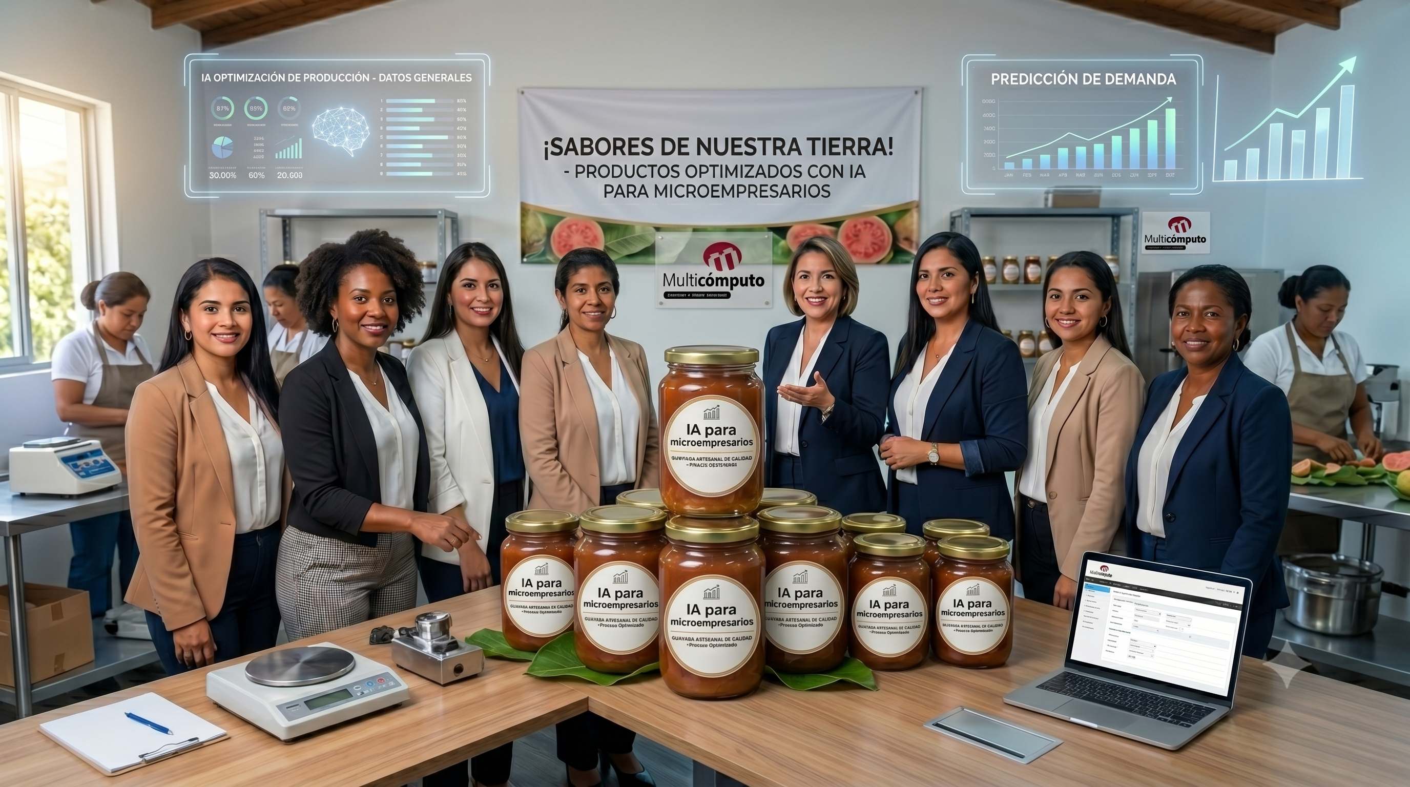 Equipo de microempresarias presentando productos optimizados con IA en su laboratorio